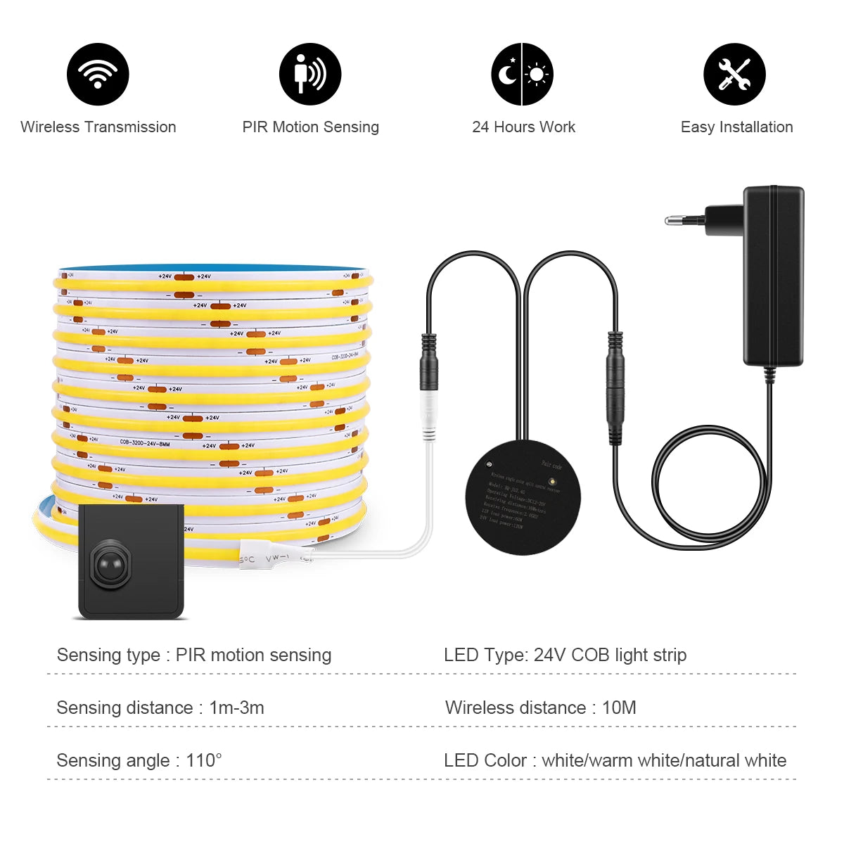 COB 24V LED Strip Wireless PIR Human Motion Sensor LED Night Light RF Reciever Smart Induction Lamp For TV Kitchen Cabinet Stair