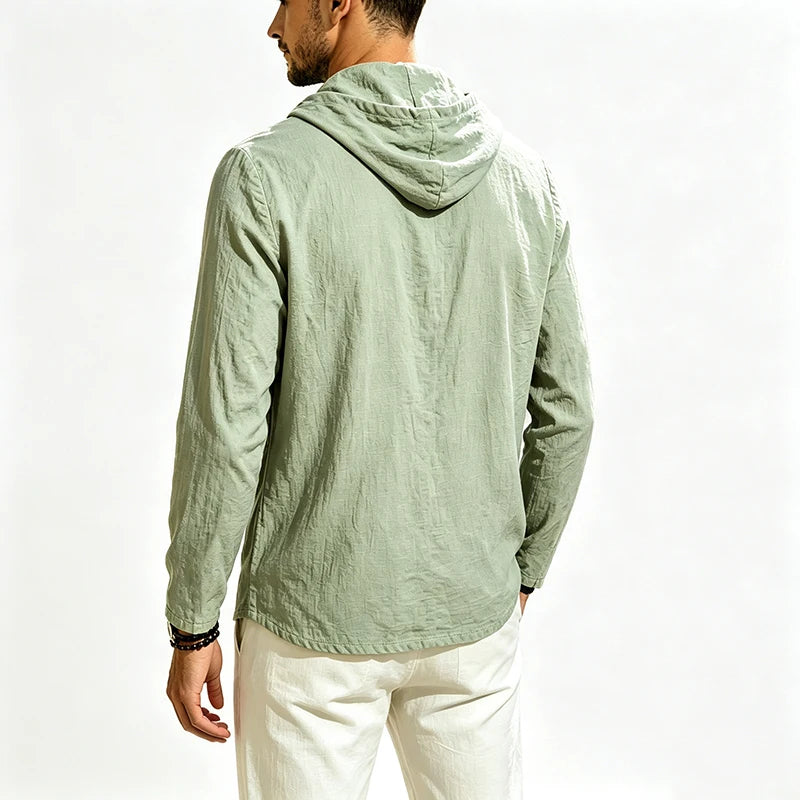 2026 New Men Cotton Linen Hooded Long Sleeve Shirt Drawstring Hood Casual Beach Vacation Travel Daily Walking Button Down Blouse