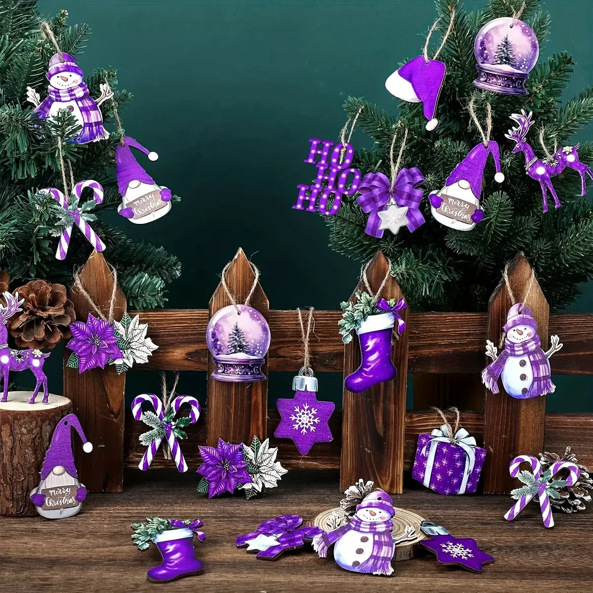12-Piece Wooden Christmas Ornament Set - Glossy Deep Purple and Light Purple Hanging Decorations