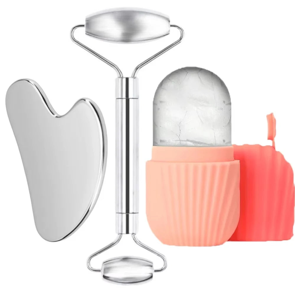 1/3PCS Face Ice Roller Stainless Steel Gua Sha Board Face Massage Roller Facial Massager Face Lifting Beauty Skin Care Tools