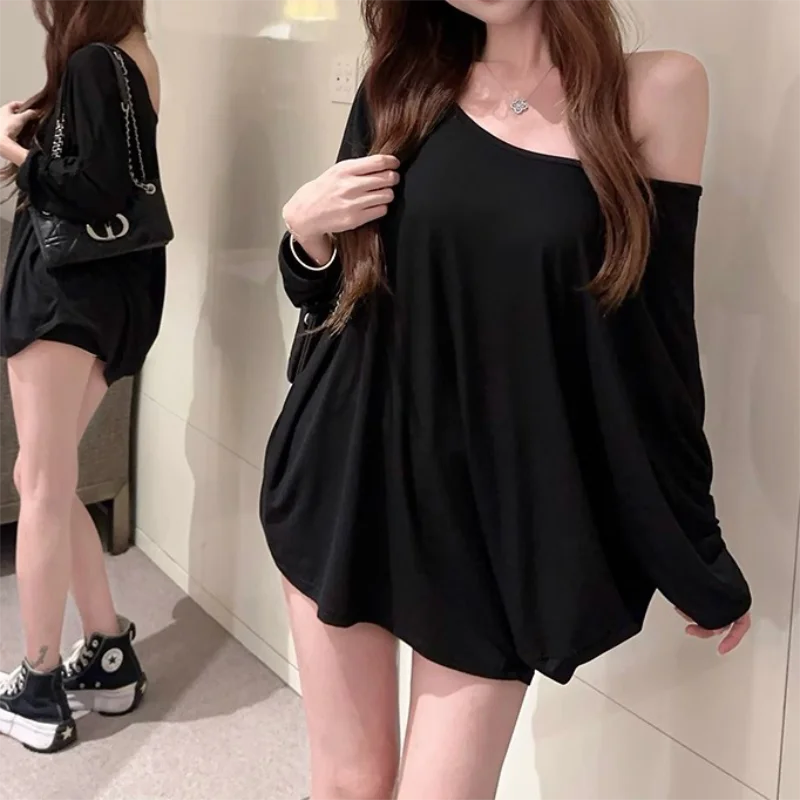 Solid Oversized T-shirt for Women's Casual Loose Top Fashion Bat Sleeves Simple Sexy Off Shoulder Korean Baggy T shirts Autumn