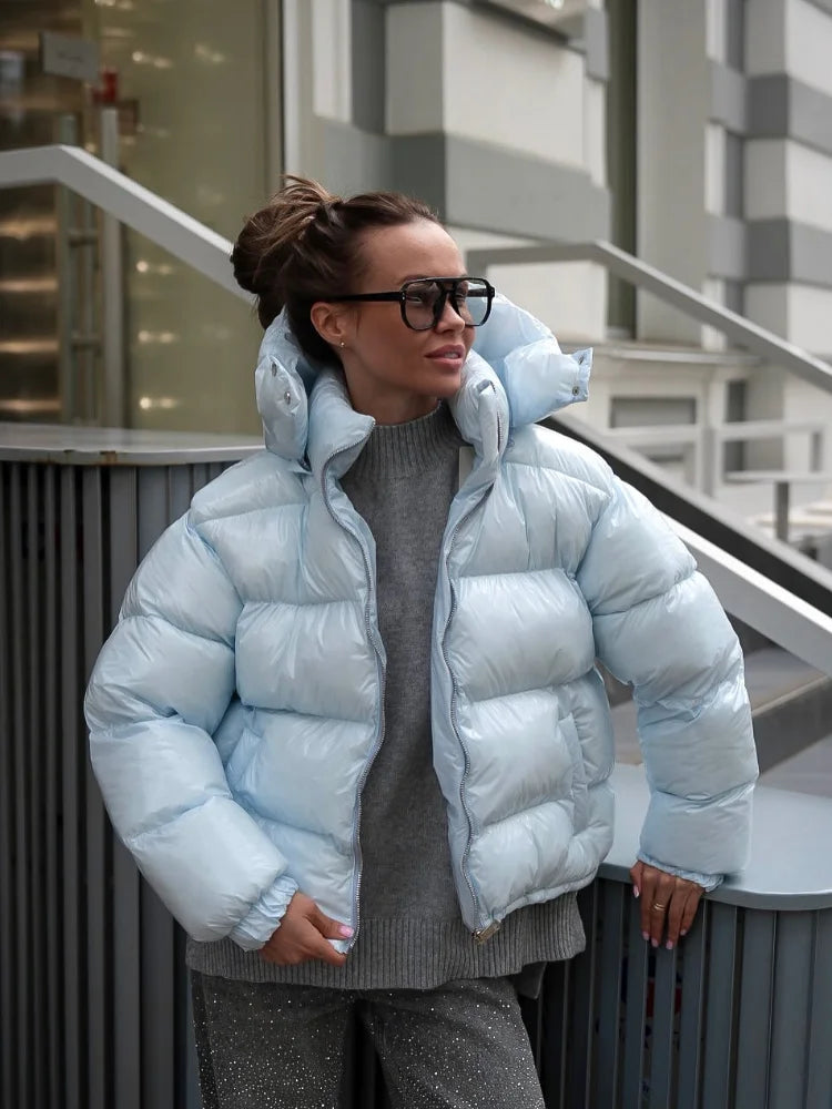 Women Solid Hooded Glossy Padded Jacket Long Sleeve Stand Zipper Fluffy Warm Coat Autumn Winter 2025 Chic Casual Street Jackets