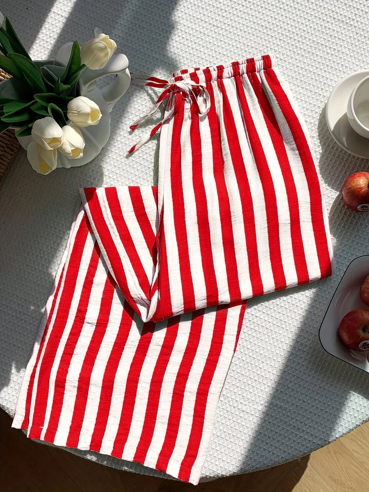 New fashion stripe trousers  Stylish lady Women'S Long Striped Drawstring high Waist Comfortable Loose Wide-Leg Pants
