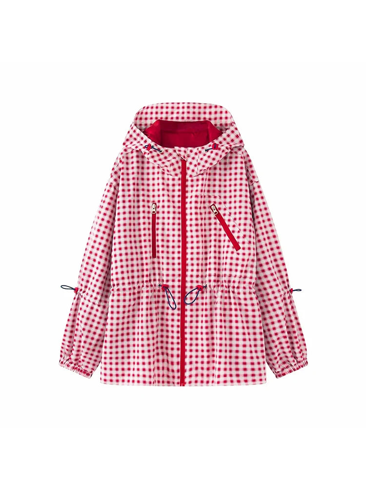 Women Plaid Hooded Drawstring Waist Cinching Jacket Women Loose Long Sleeve Zipper Jackets Fashion Female Street Outwear