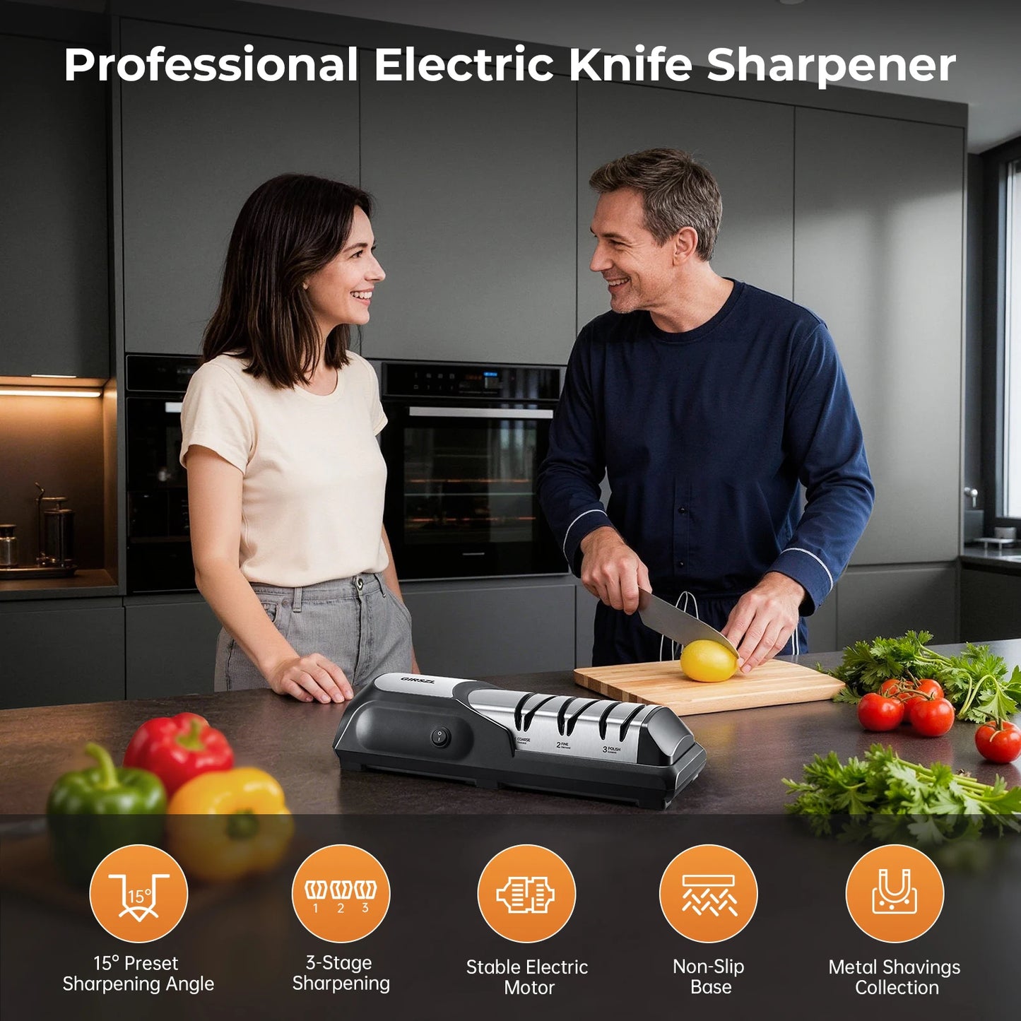 One Touch Electric Knife Sharpener, Safe Family Use Knife Sharpener with Fixed 15° Angle Protects Chef Knives, Diamond Wheel & Quiet Pure Copper Motor, Sharpen Kitchen Steak Paring Straight Ceramic Knives