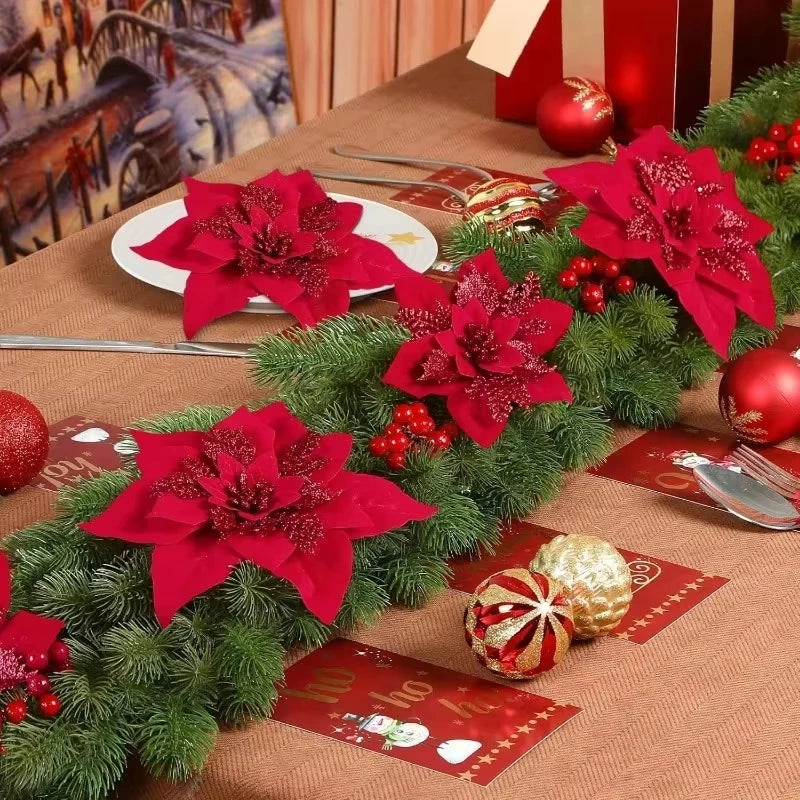 50/10PCS Artificial Glitter Christmas Flowers with Clips Red Gold Poinsettia Fake Ornament DIY Xmas Tree New Year Party Decora