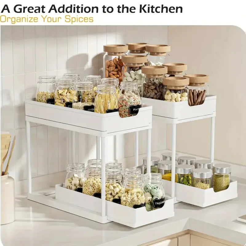 2-Tier Sliding Pull Out Kitchen Storage Rack PP Drawer Organizer for Under Sink Cabinet Bathroom Countertop Space Saving Basket