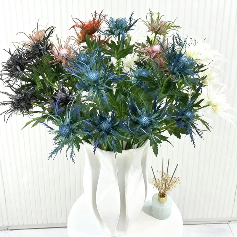 Simulation Plastic Flower Sea Holly 3 Head Thorn Celery Artificial Plants Leaf Home Wedding Christmas Floral Arrangement Bouquet