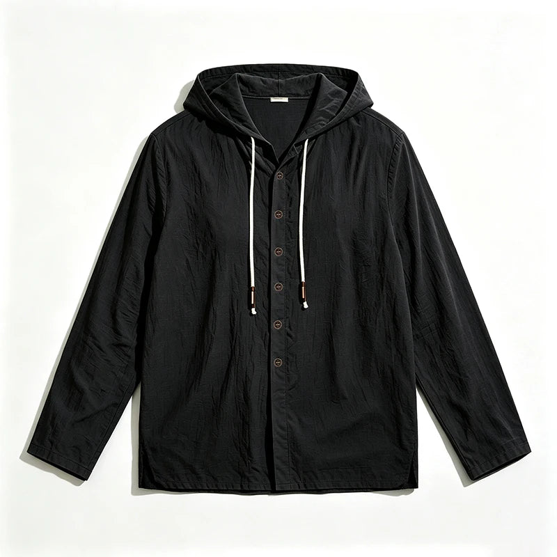 2026 New Men Cotton Linen Hooded Long Sleeve Shirt Drawstring Hood Casual Beach Vacation Travel Daily Walking Button Down Blouse