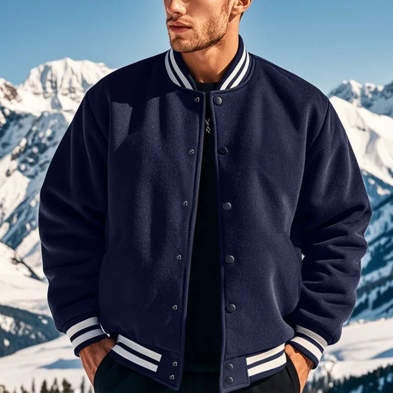 Men's Varsity Baseball Jacket Ribbed Collar Button Down Long Sleeve Loose Fit Casual Streetwear Bomber Coat With Pockets