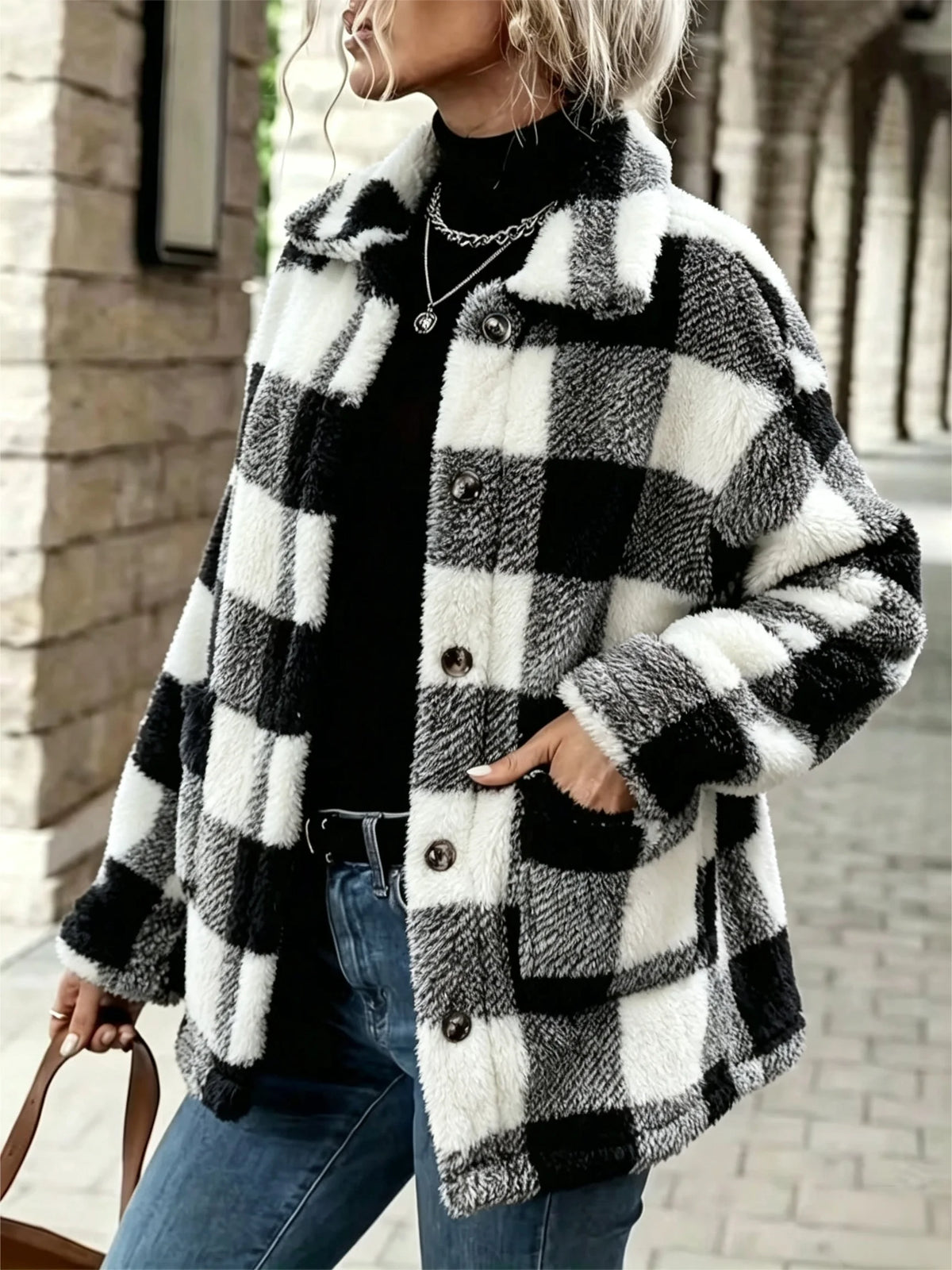 Women's Plaid Fluffy Fleece Lapel Shacket Jacket Fall Clothes 2026 for Women