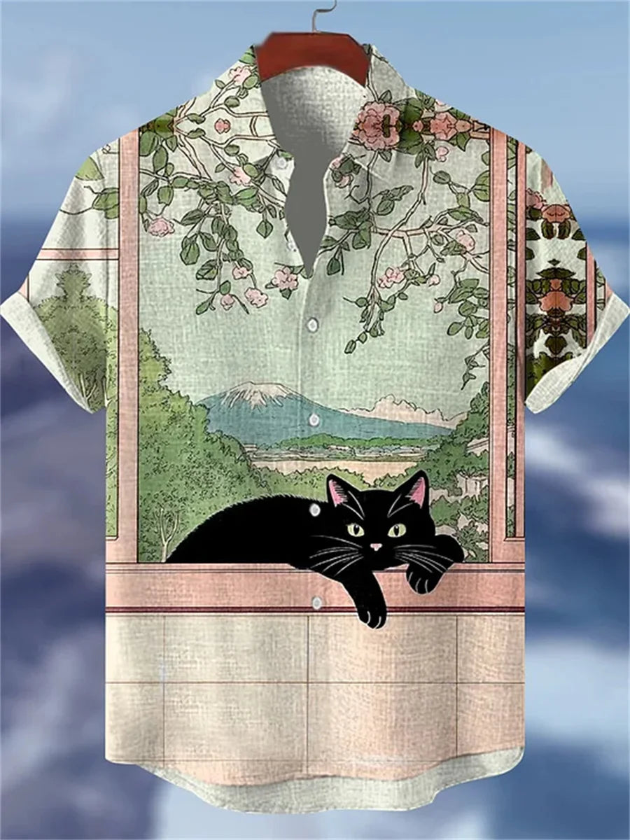 Men's blue and white color-blocked short-sleeved shirt with black cat print, collared casual outdoor vacation Hawaiian shirt.