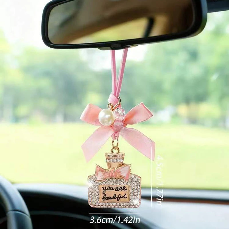Fashionable Bow Knot Diamond Inlaid Perfume Bottle Car Interior Pendant Exquisite with Drill Car Rearview Mirror Car Accessories