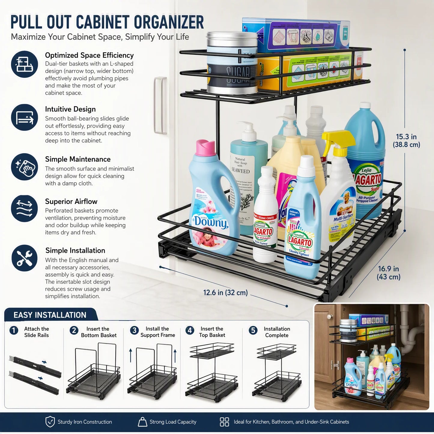 Under Sink Organizer 2-Tier Pull Out Cabinet Storage Rack, L-Shaped Slide Out Basket with Ball-Bearing Rails for Kitchen Bathroom, 22 lbs Capacity, Black