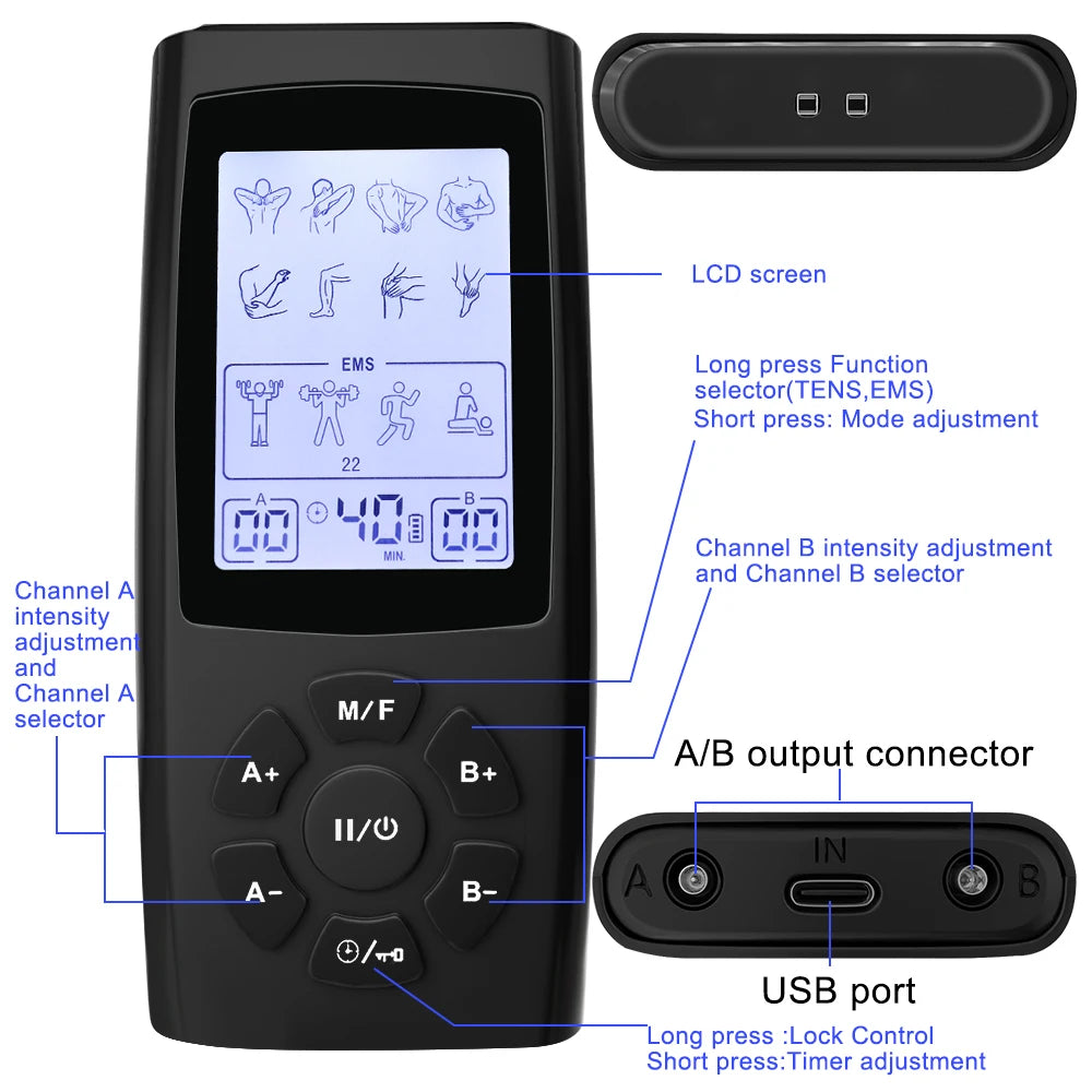 Tens Electroestimulador Pulse Acupuncture Massager 40 Levels EMS Muscle Stimulators Relaxation Medical Pain Relief with 10 Pads