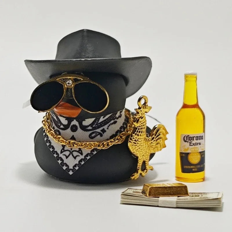 Cute Fortunate Rich Duck Car Dashboard Decoration Yellow Black Duck with Cowboy Hat Scarf Bottle for Women Men Car Ornament