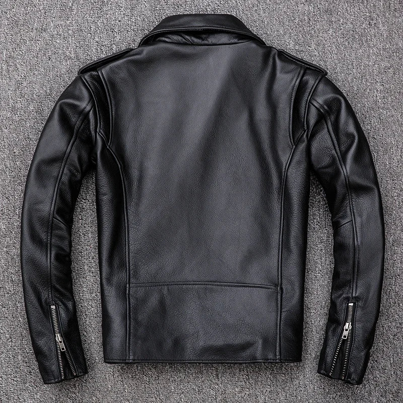 Spring Classical Motorcycle Oblique Zipper Jackets Men Leather Jacket Natural Calf Skin Thick Slim Cowhide Moto Jacket Man