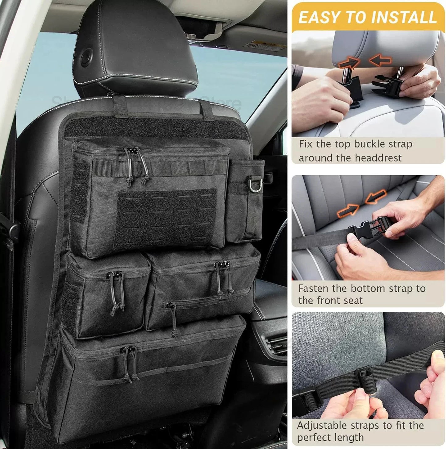 Tactical Car Seat Organizer with Multiple Pockets, Vehicle Backseat Storage Bag with Cup Holder Hanging Rear Seat Bag