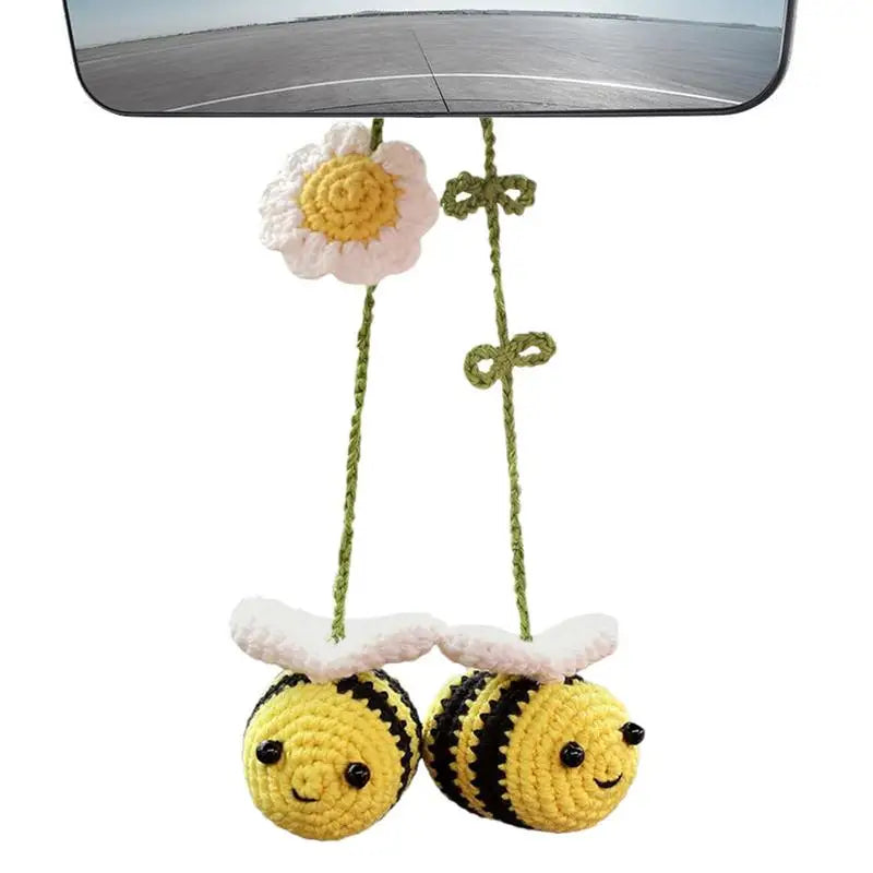 Knitted Bee Car Ornament Bee Handmade Crochet Car Ornament Woven Bee Rearview Glass Charm Car Accessories For Bee Lovers Decor