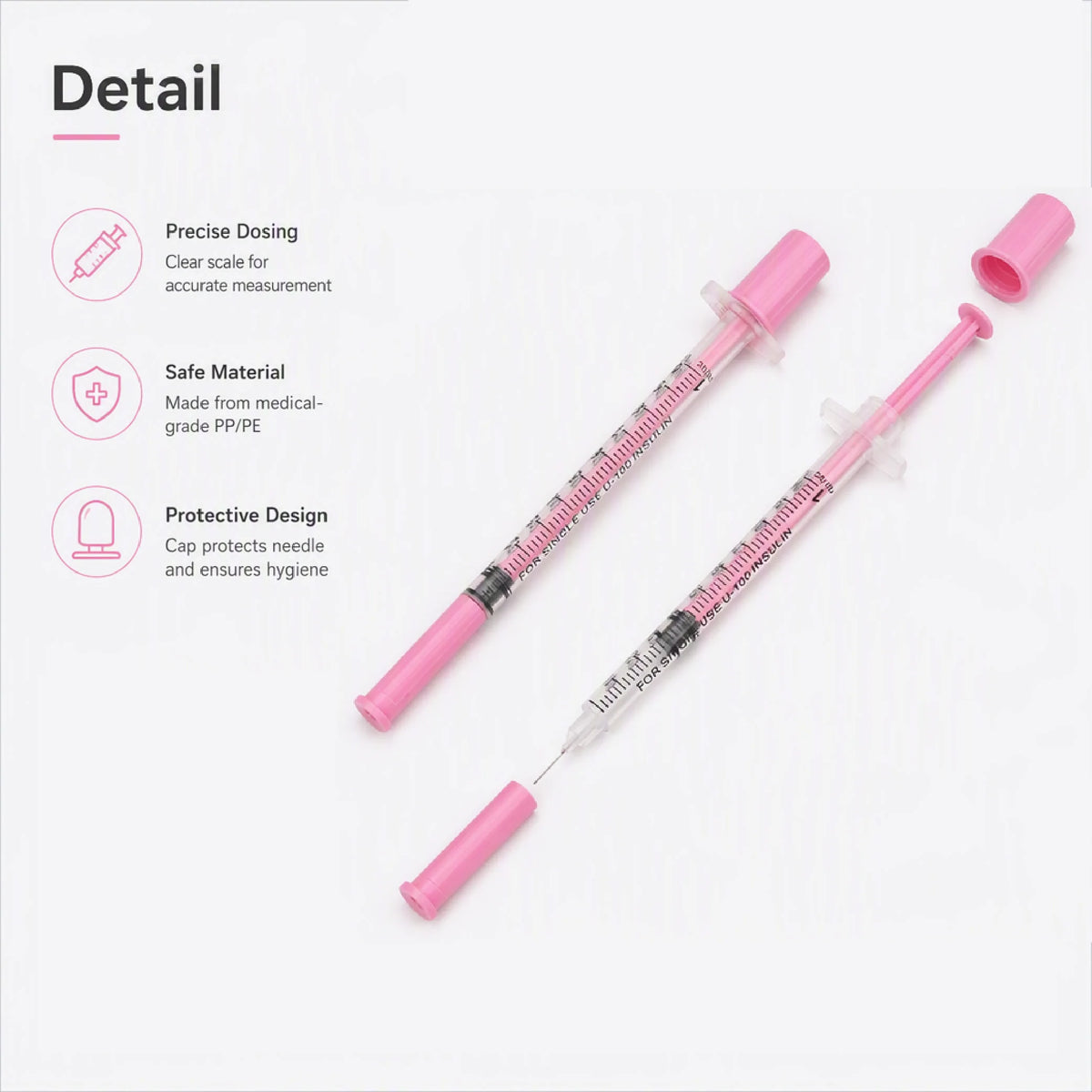 100pc 1ml 30G/31G 8mm Disposable Sterile Insulin Pink Syringe 5/16 inch Needles Individually Wrapped for Diabetic Pets & Hormone