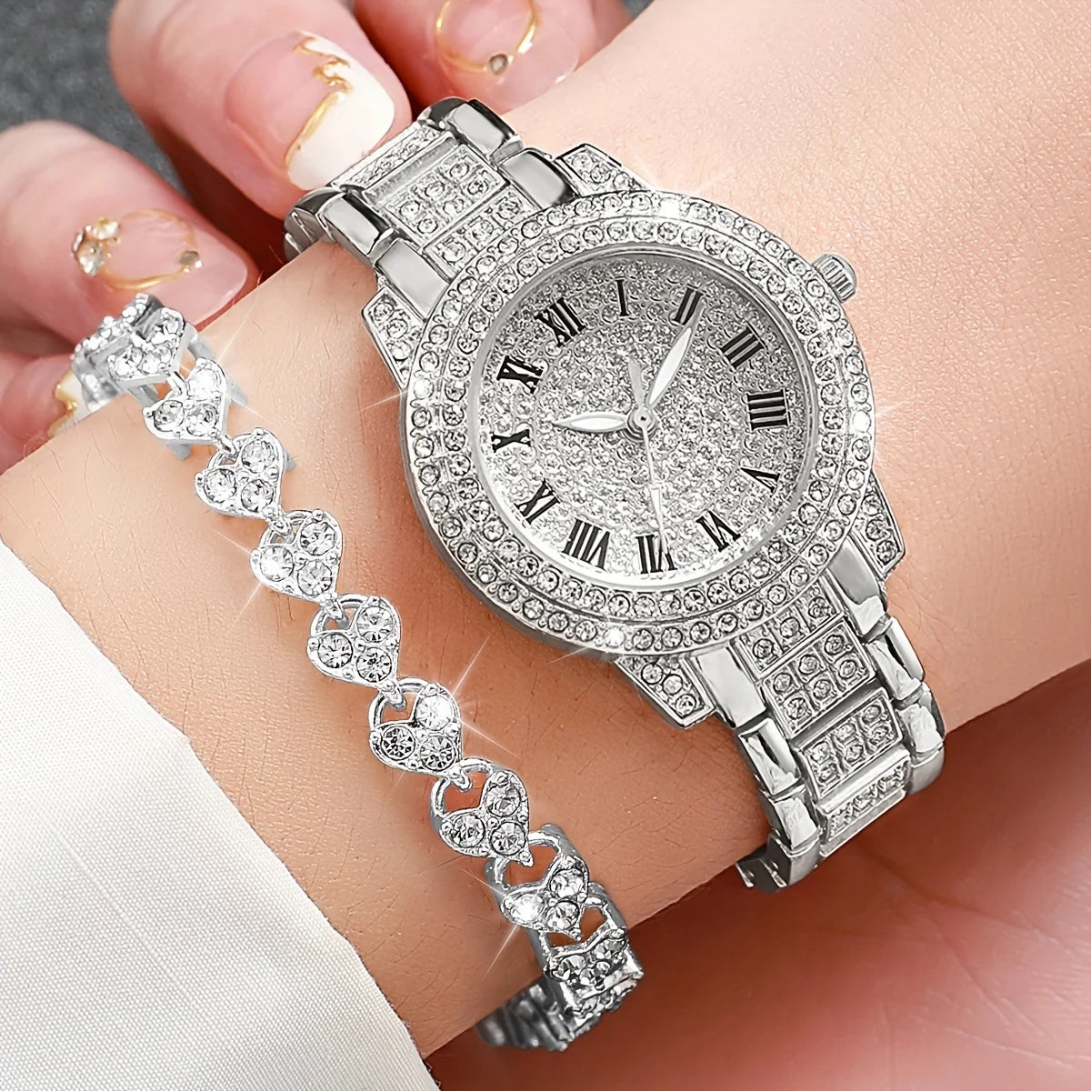 2PCS/Set Women's Watch Luxury Rhinestone Stainless Steel Quartz Watch Heart Bracelet Set(Without Box)