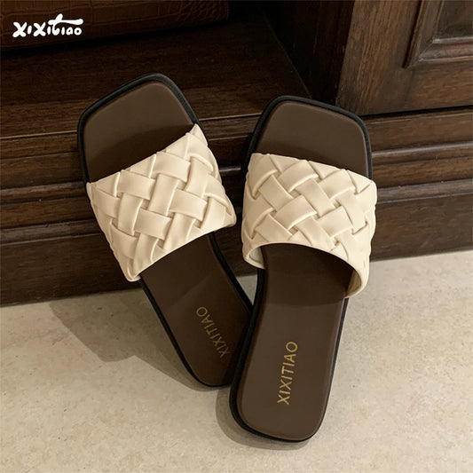 XIXITIAO Sandals for Women Fashion Summer Casual Woven Wedge Outdoor Design Beach Slippers French Ladies Comfortable Flip-flops