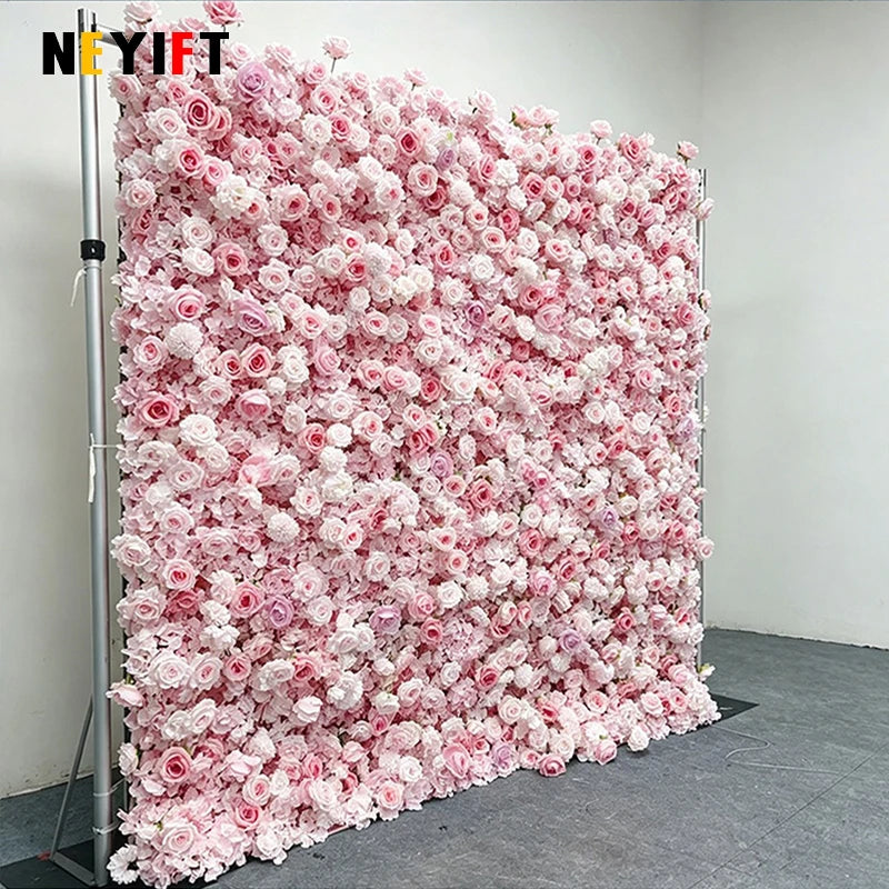 8ft/3.2ft Pink Flower Wall Artificial Silk Rose Backdrop For Wedding Decor Party 5D Floral Wall Roll Up Hanging Event Props
