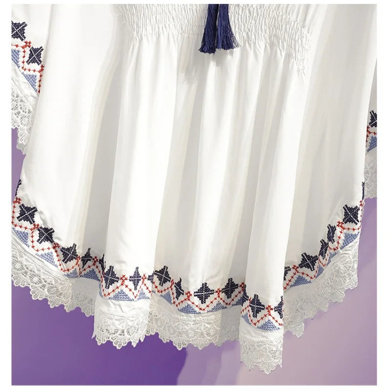 Women Summer Tees Retro Boho Style Print Crop Blouses Cloak Top Loose Cotton Lace Hem Bat sleeve Kimono Shirts Blusa Feminina
