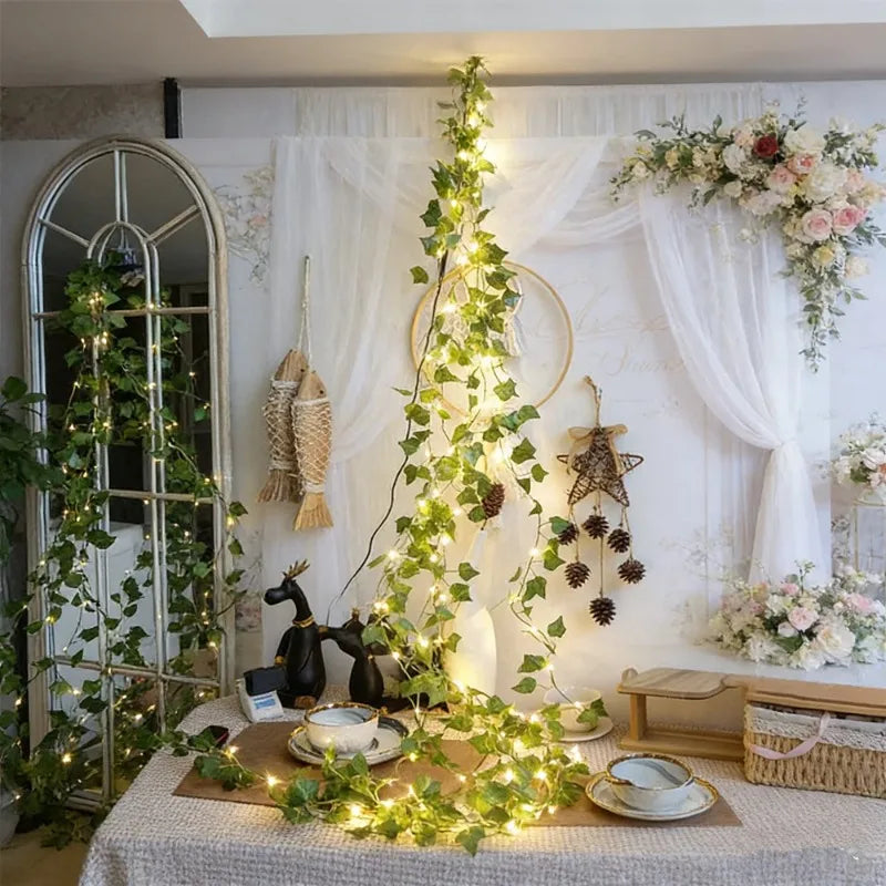 Green Leaf String Lights 5/10M Artificial Ivy Vine Fairy Light Wedding Party Decoration Christmas Home Decor Wall Plant