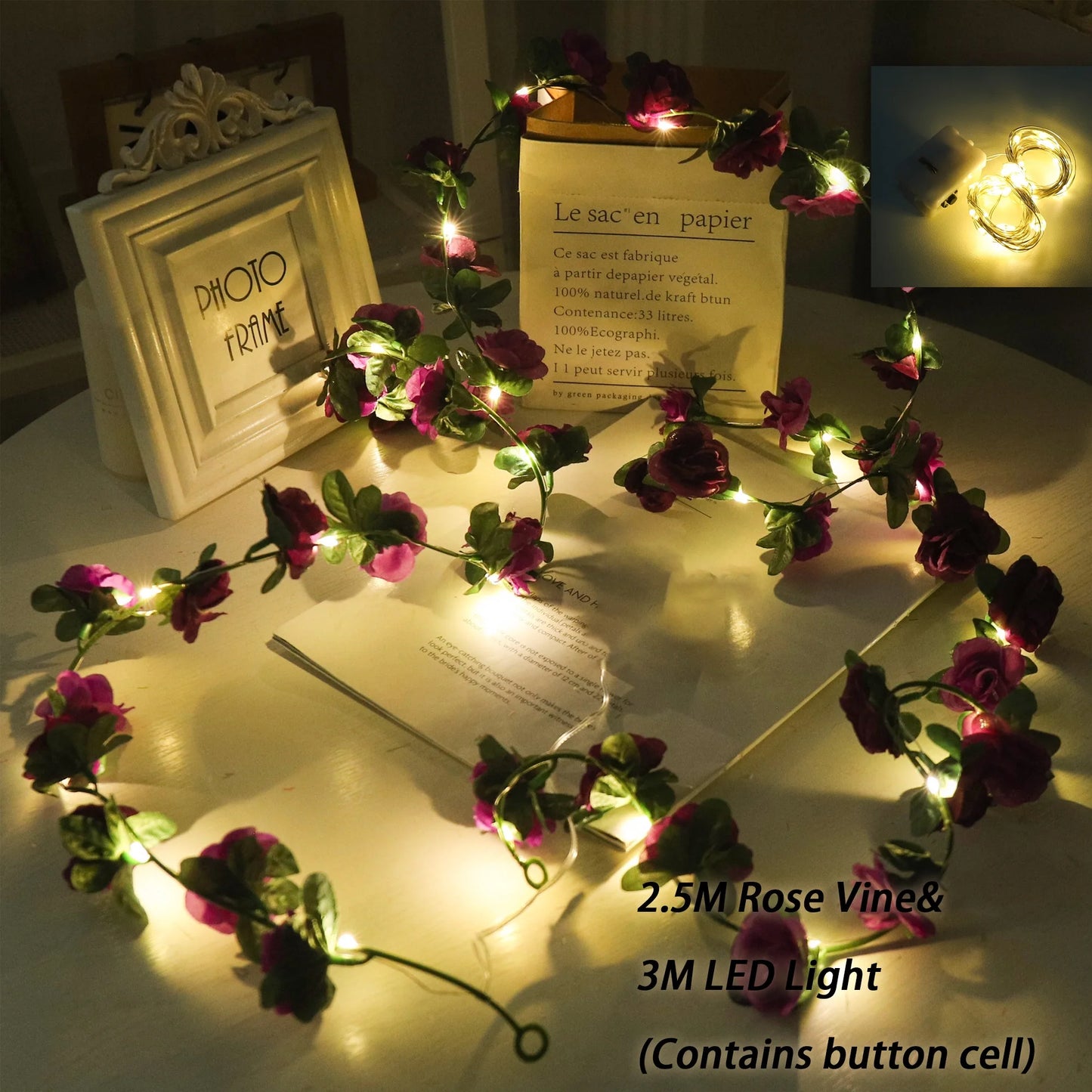 Rose LED Lights String Artificial Flowers Ivy Leaves Wedding Garland Home Room Decoration Arch Hanging Wall Garden Party Decor