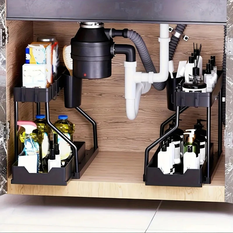 Double-layer pull-out rack, kitchen countertop, push-pull seasoning storage rack, sink rack under cabinet