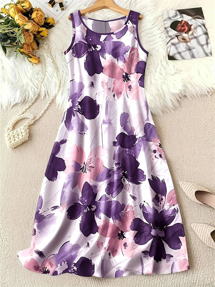 Summer Fashion Round-Neck Women's Dresses Botanical Floral Color-Blocked Patchwork Dresses Travel Party and Beach Dresses