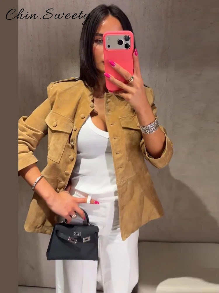 Elegant Women's Suede Short Jacket Slim Waist Cinched Stand Collar Long Sleeve Single Breasted Coats 2026 Autumn Lady Jackets