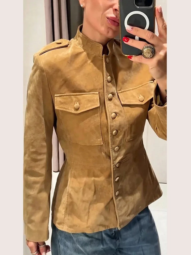 Elegant Women's Suede Short Jacket Slim Waist Cinched Stand Collar Long Sleeve Single Breasted Coats 2026 Autumn Lady Jackets