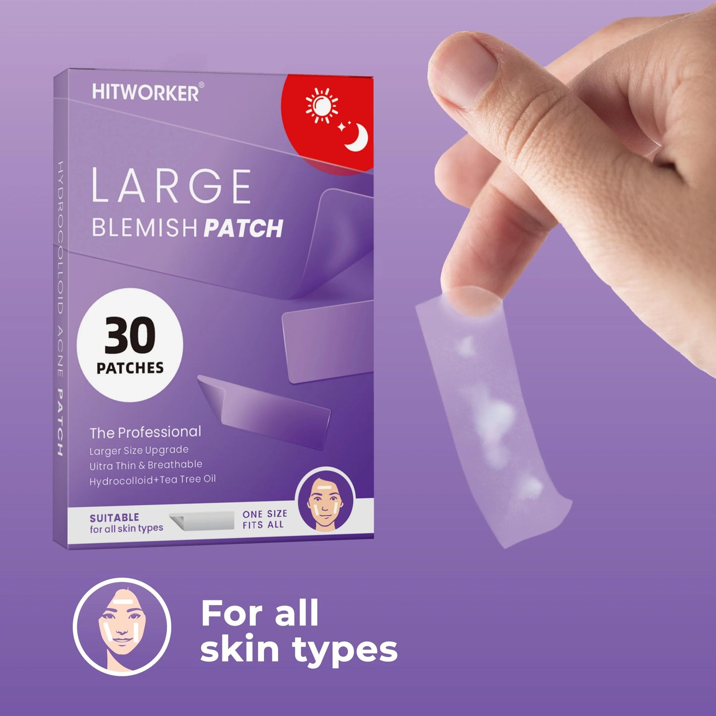 30 XL Acne Patches, Suitable for Day and Night Skin Care, Waterproof, Invisible and Comfortable Fit, for Treating Acne/Pimples