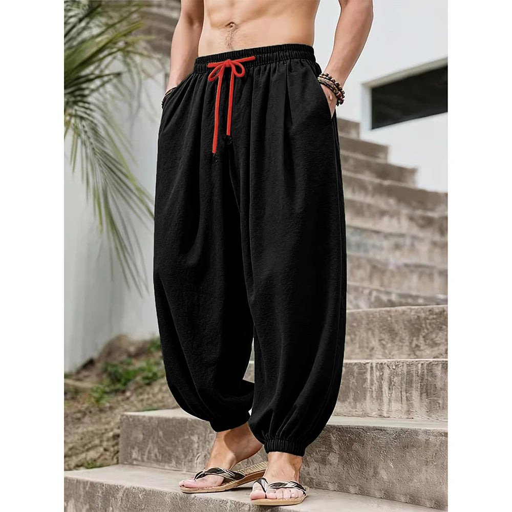 Men's Wide Leg Pants Loose Fit Casual Breathable Lightwight Solid Color Elastic Waist Trousers Cotton Linen Male Long Pants