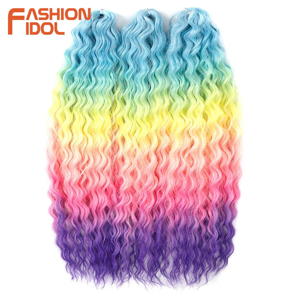 LOVE ME 22 Inch 300g/3pcs Ariel Curl Hair Water Wave Twist Crochet Hair Synthetic Ombre Rainbow Color Braiding Hair Extensions