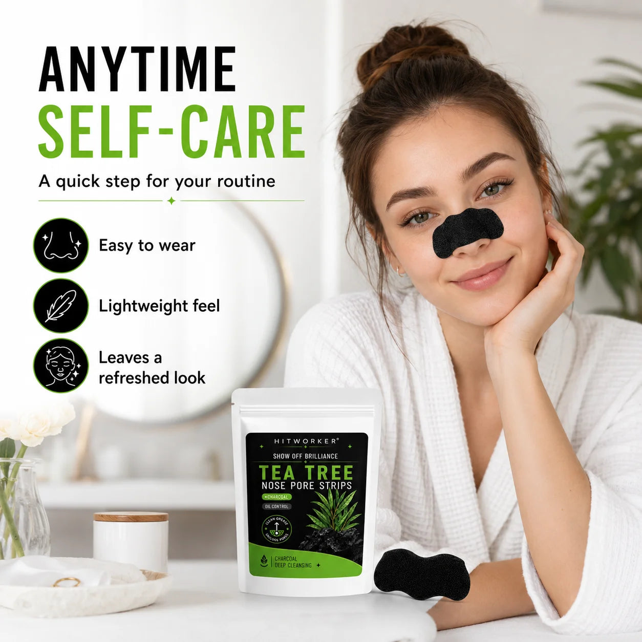 Tea Tree Charcoal Nose Pore Strips, Deep Cleansing Blackhead Remover for Men & Women, Oil Control Nose Care, 10–15 Min Routine