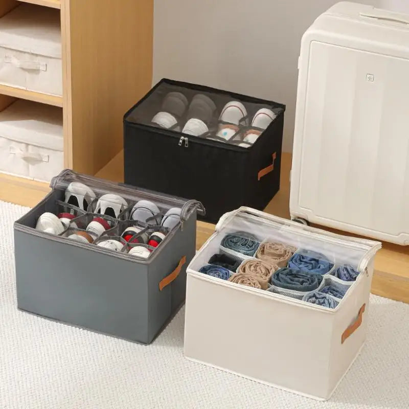 Foldable Fabric 12 Grid Shoe Storage Box Clear Zipper Lid With Handle Sneaker Organizer For Bedroom Daily Storage
