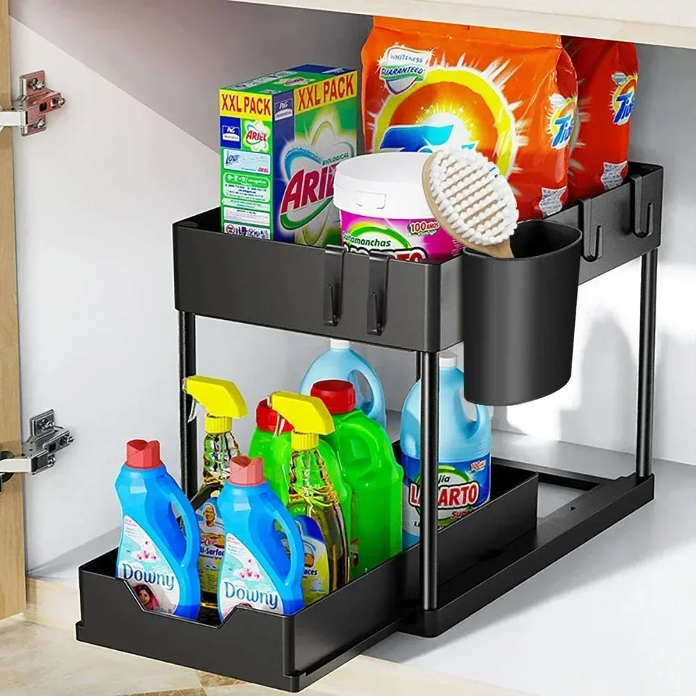 2 Layer Under Basin Retractable Cabinet Basket Storage Holder with Hanging Hooks Cup Rack Restroom Functional Organizer Stand
