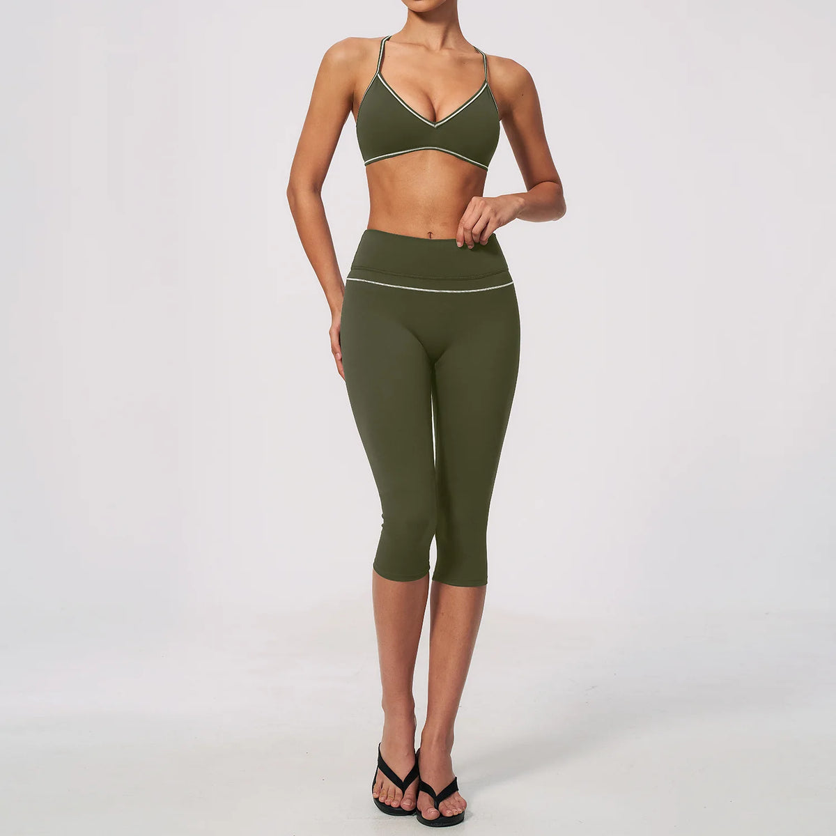 Women 2 Piece Yoga Set V Neck Crop Top and V Back Capri Leggings Butt Lifting Workout Gym Suit Contrast Piping Activewear Female