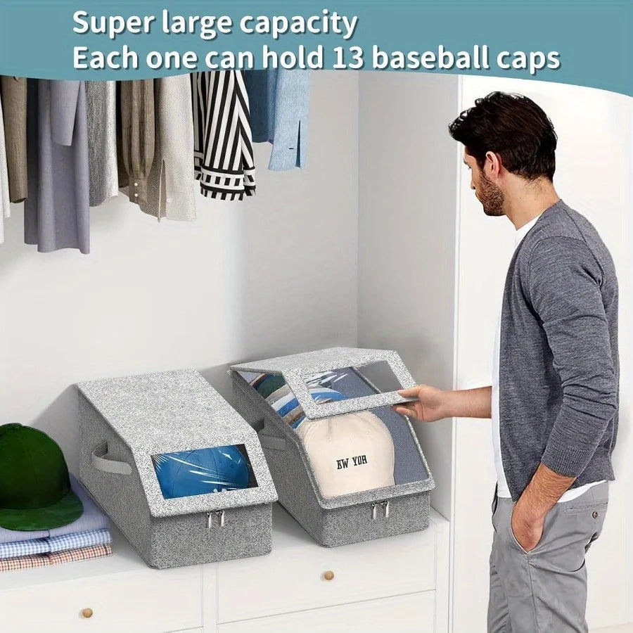 Stackable 13-Hat Storage Box – Clear Window, Zipper Dust-Proof, Foldable Organizer for Caps & Scarves