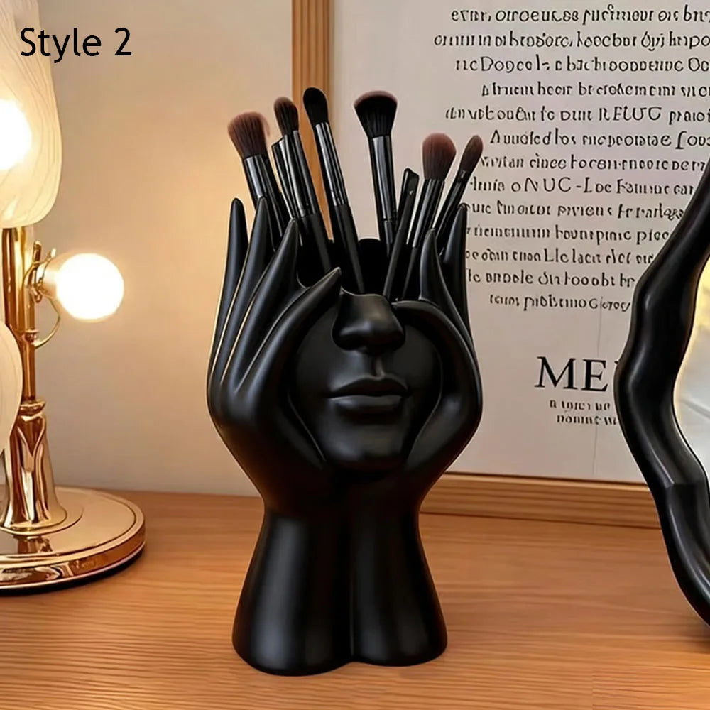 Face Shape Makeup Brush Holder Modern Nordic Flower Vases Makeup Storage Box Half Face Portrait Decor For Home Office Book Shelf