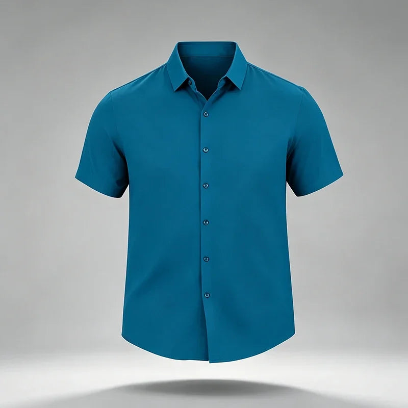 Mens Wrinkle Free Non Iron Silky Stretch Short Sleeve Dress Shirts Standard Point Collar Full Button Summer Office Formal Tops