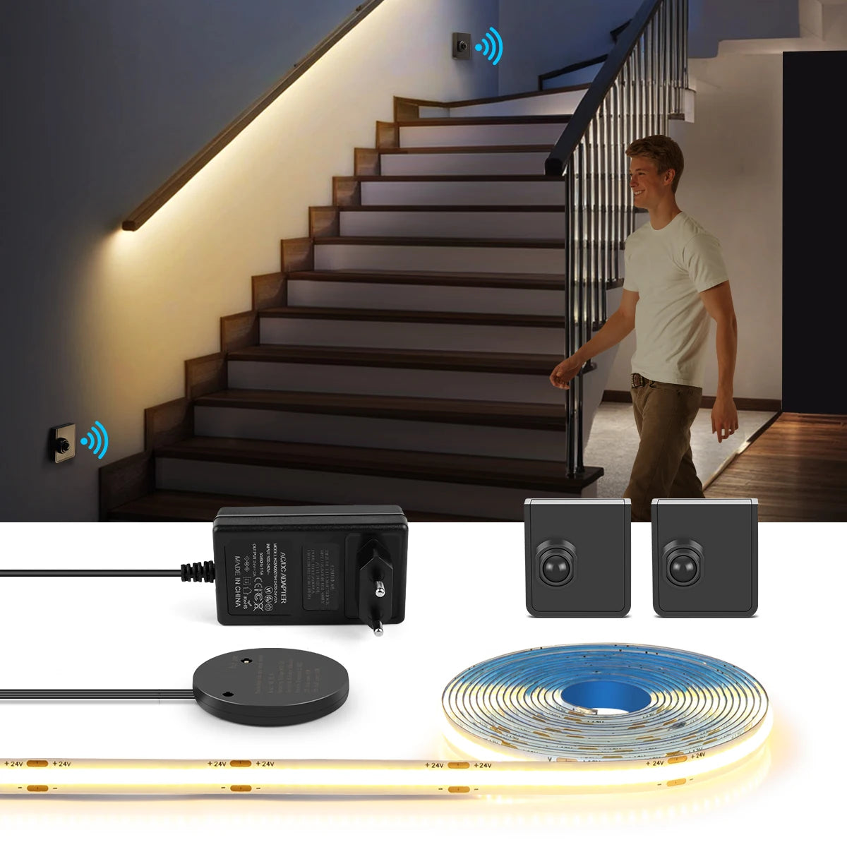 COB 24V LED Strip Wireless PIR Human Motion Sensor LED Night Light RF Reciever Smart Induction Lamp For TV Kitchen Cabinet Stair