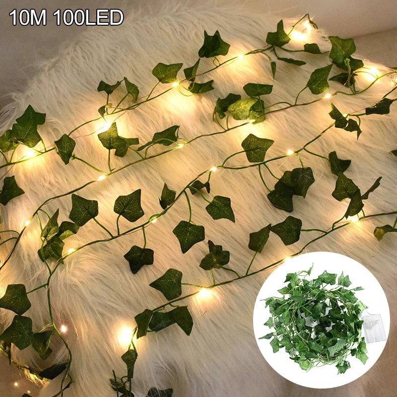 Fairy Lights with Leaves Artificial Ivy with Fairy Lights Green Leaf Ivy Vine with 20/50/100 LED Light Indoor 2/5/10 m for Party