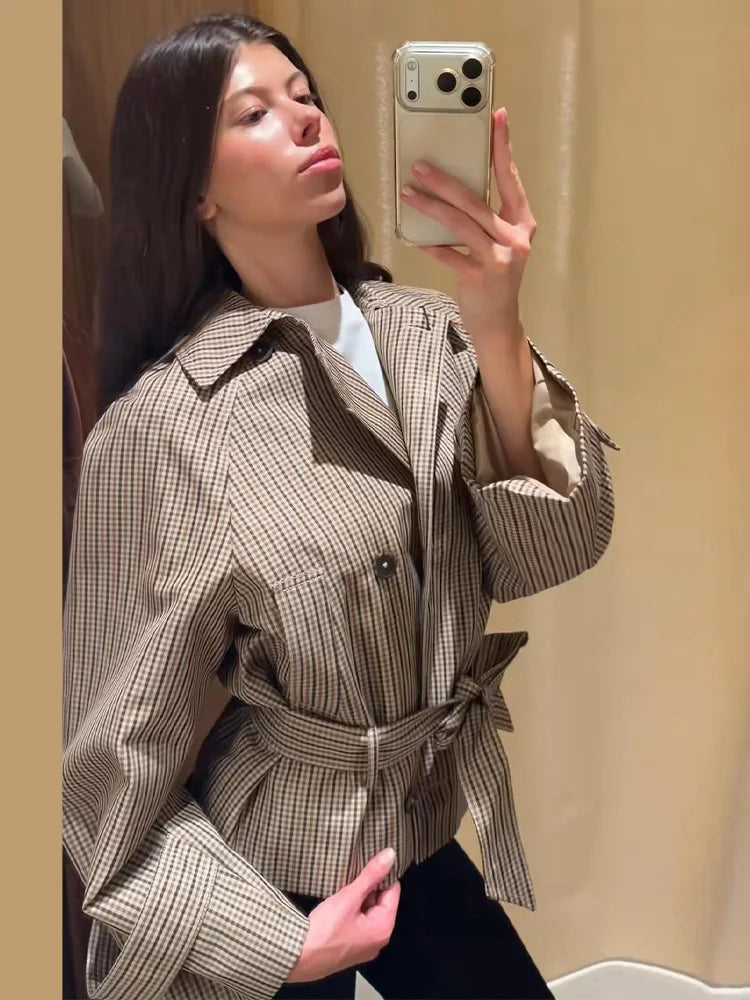 Vintage Plaid Belted Jackets Women Slim Full Sleeves Double-breasted Lapel Cropped Coats 2026 New Ladies Autumn Fashion Outwear