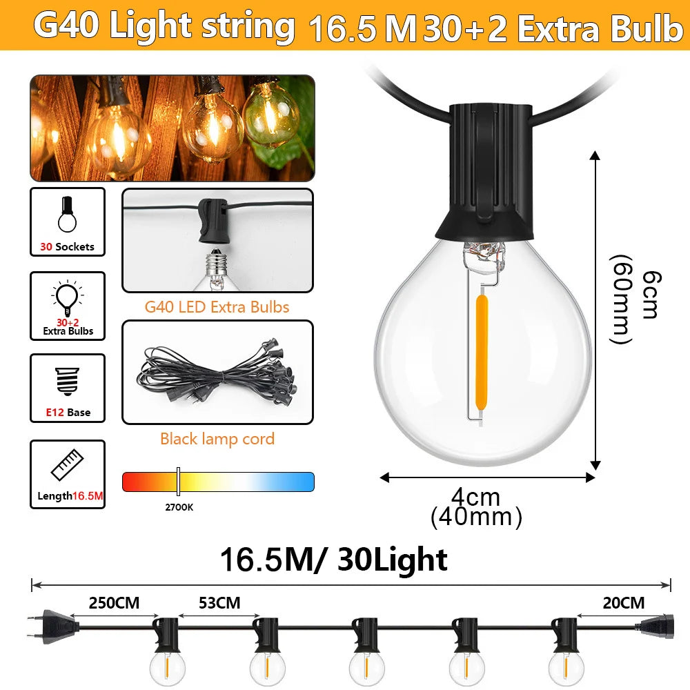 Outdoor LED Waterproof G40 String Light EU Plug Shatterproof Light Bulb Garden Fairy String Lights for Patio Festoon Party Decor