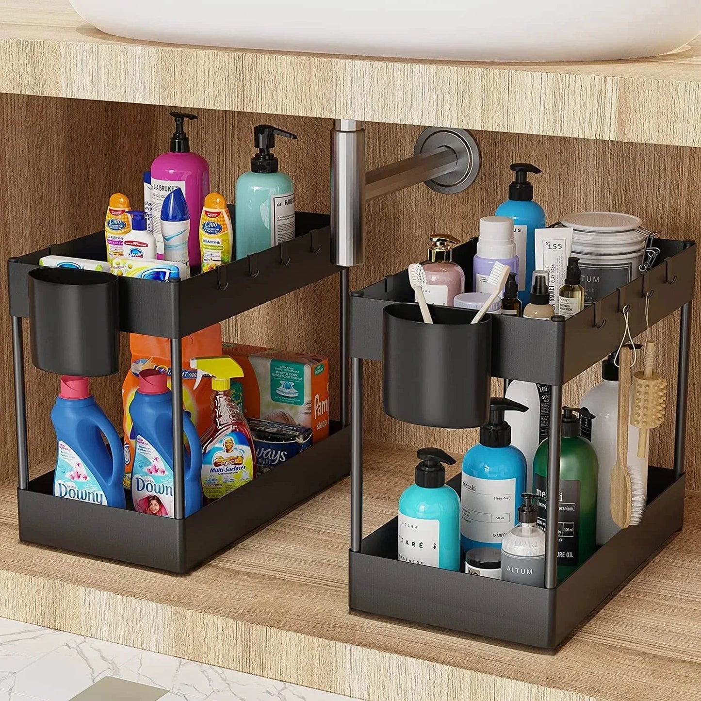 2 Layer Under Basin Retractable Cabinet Basket Storage Holder with Hanging Hooks Cup Rack Restroom Functional Organizer Stand
