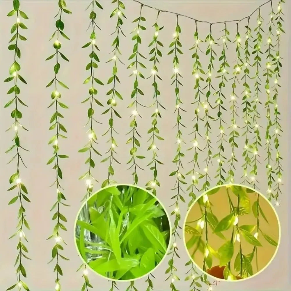 2/5M 20Light Willow Leaf String Lights Always on Battery Box Willow Curtain Lamp Artificial Flowers Desktop Decoration